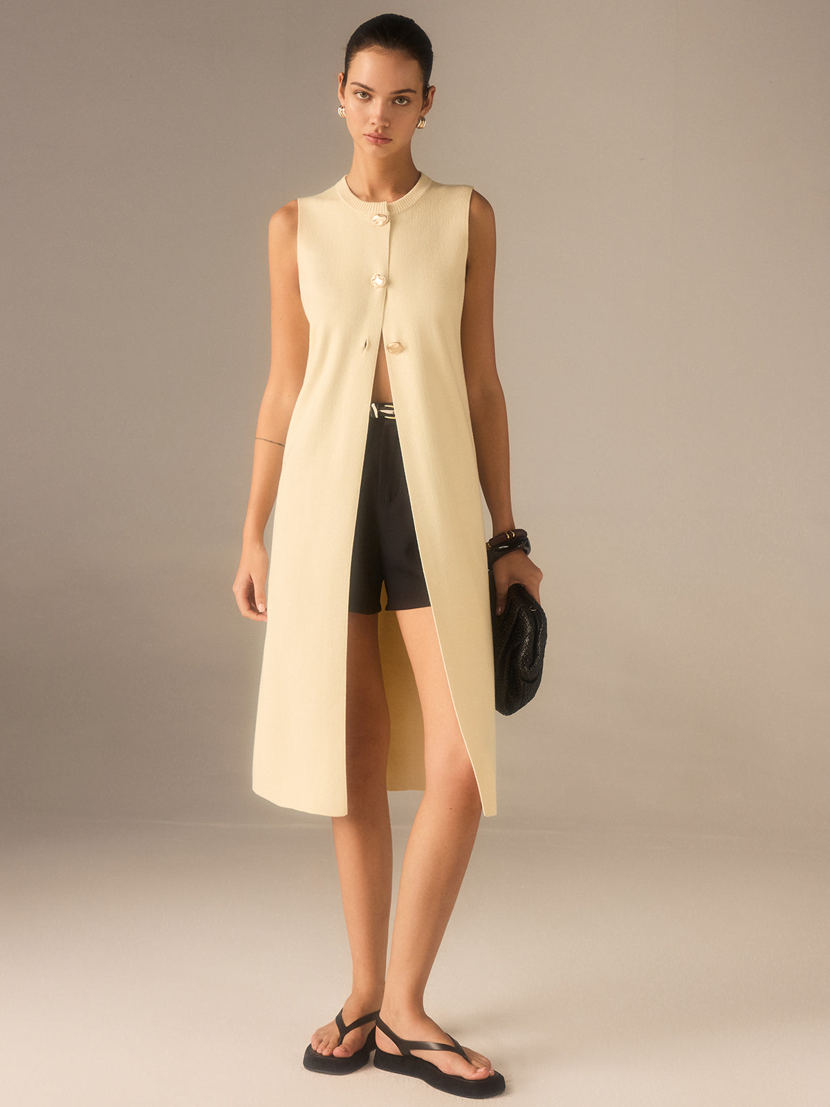 Sleeveless Knit Midi Top with Metal Button Front