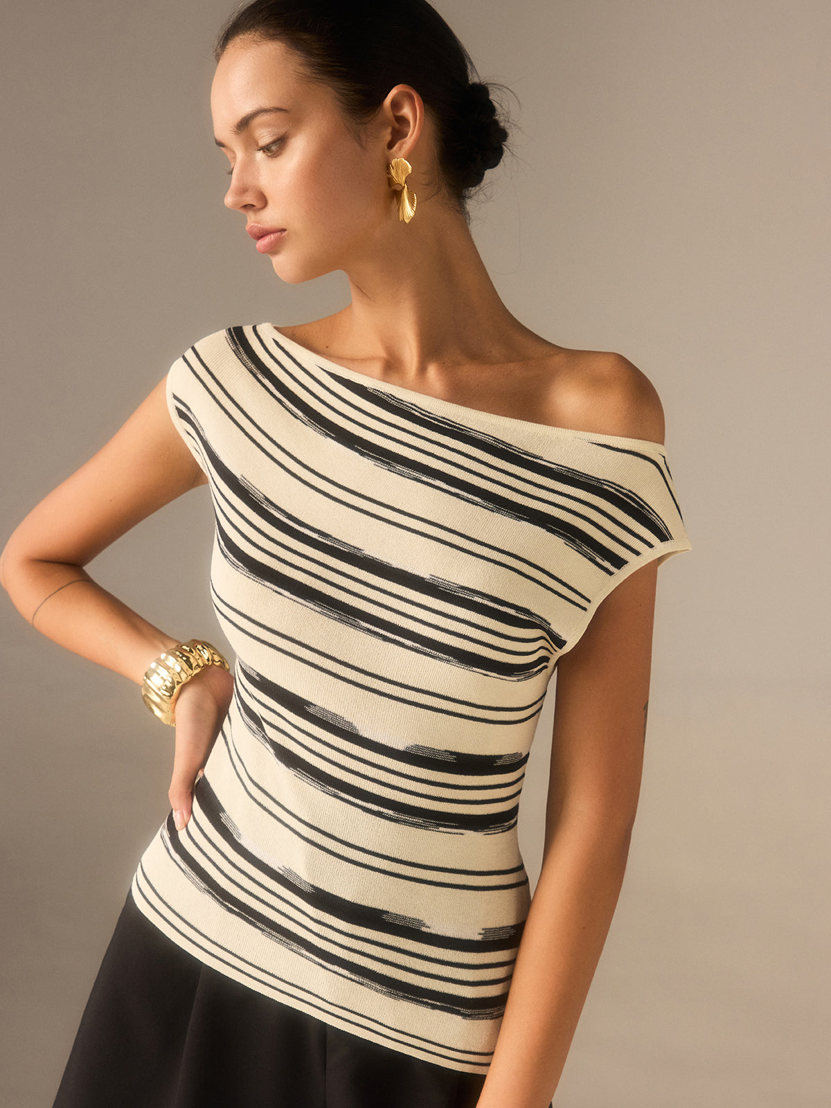 Asymmetric Off-Shoulder Striped Knit Top