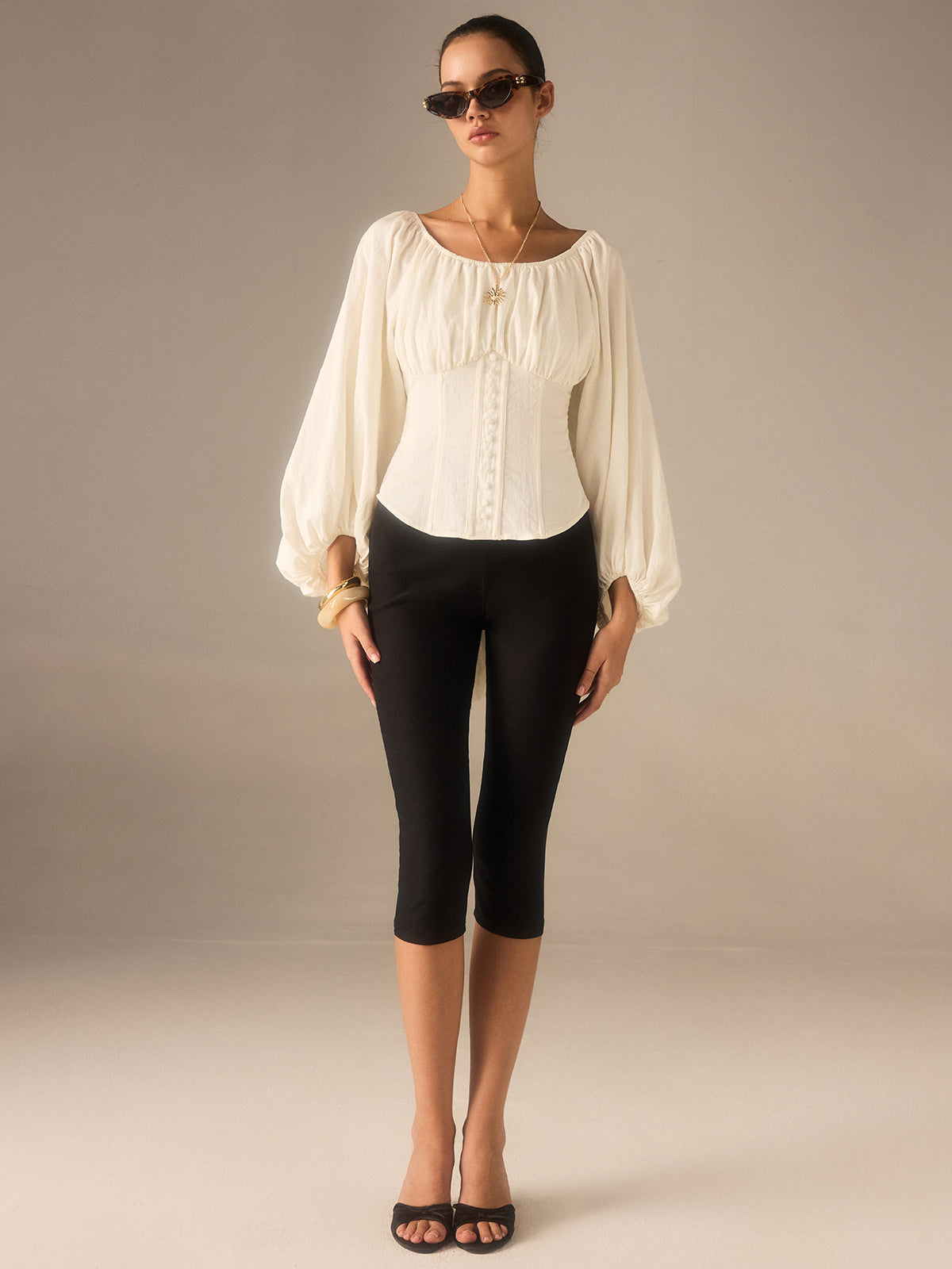 Off-Shoulder Lantern-Sleeve Top with Bow Back