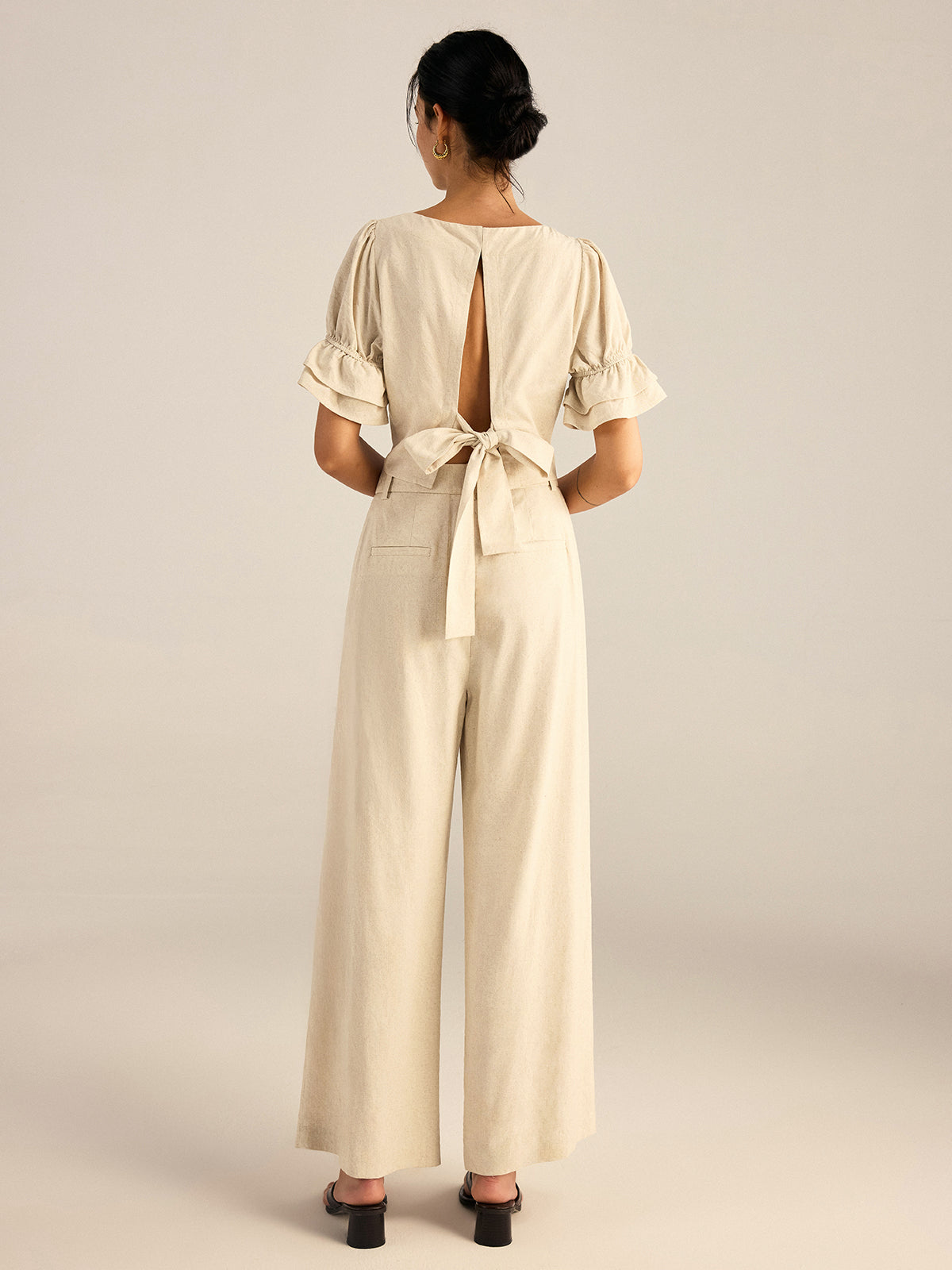 Cotton & Linen Puff-Sleeves Bow-Back Top and Pants Set