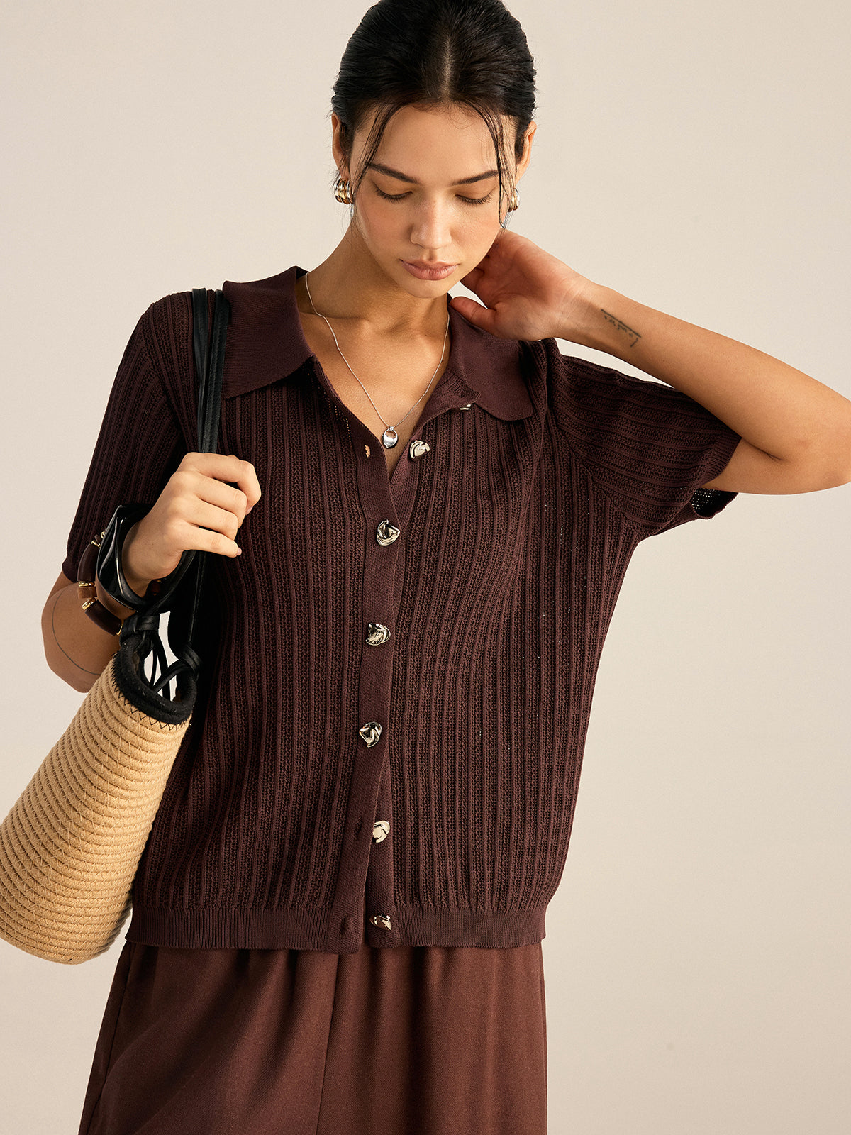 Ribbed Knit Polo-Collar Cardigan