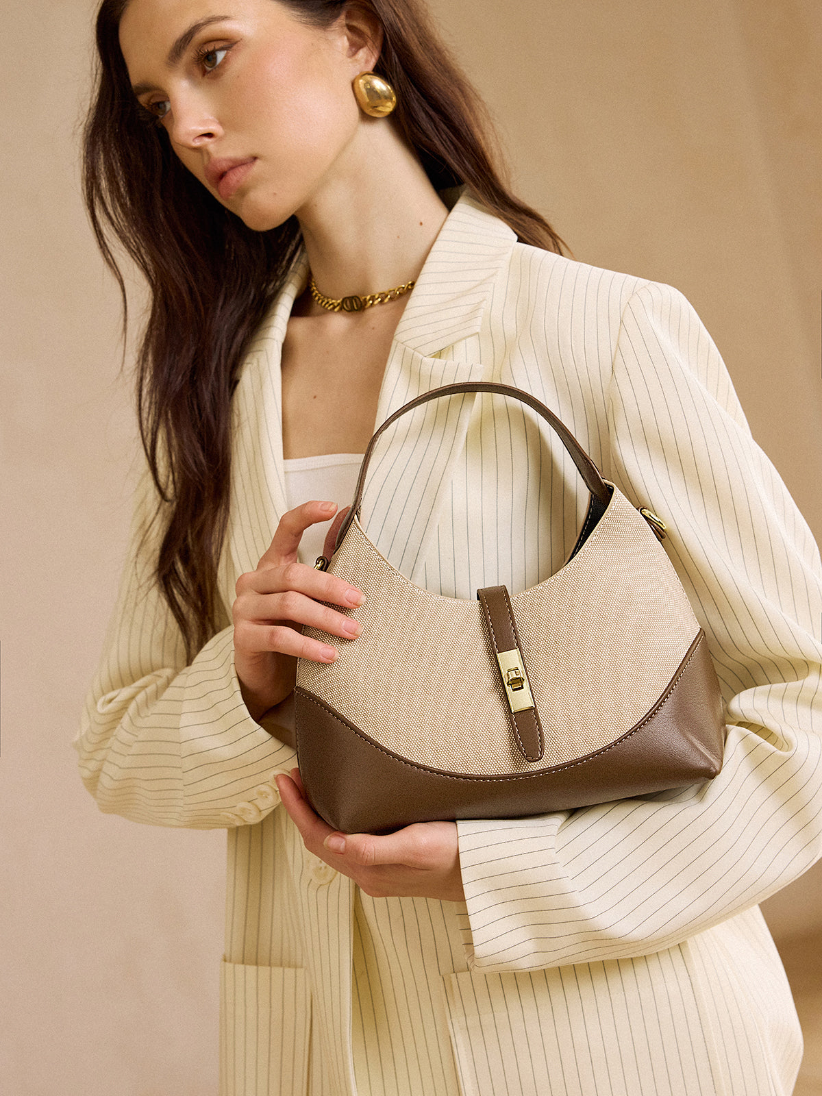 Color-Blocked Dumpling-Shaped Bag with Metal Lock