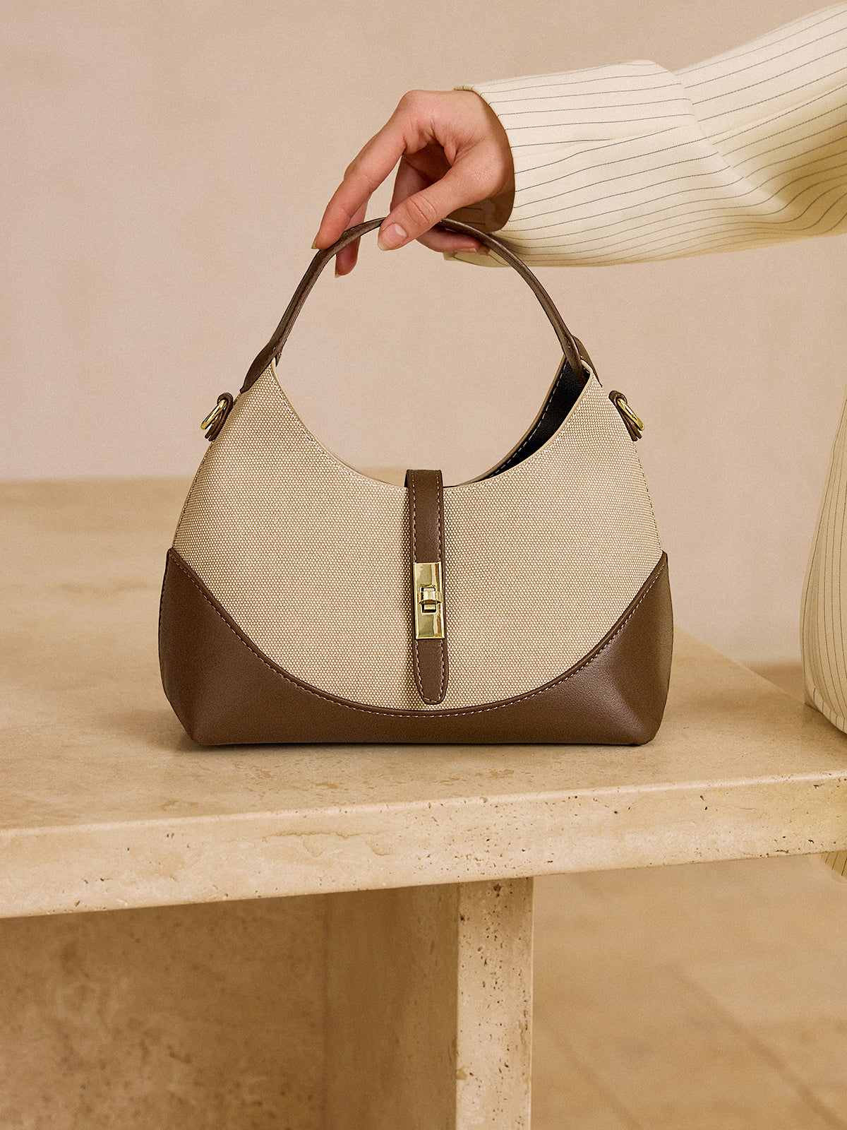 Color-Blocked Dumpling-Shaped Bag with Metal Lock