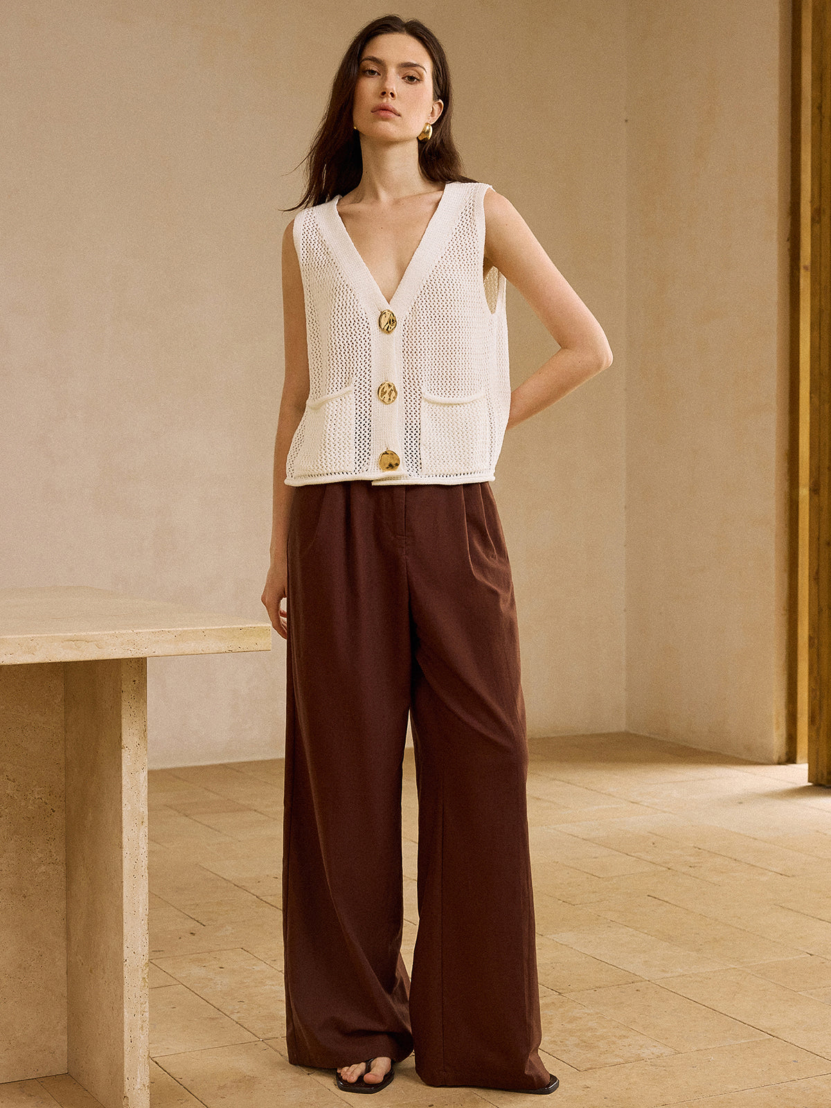 Crochet Button-Front Knit Vest