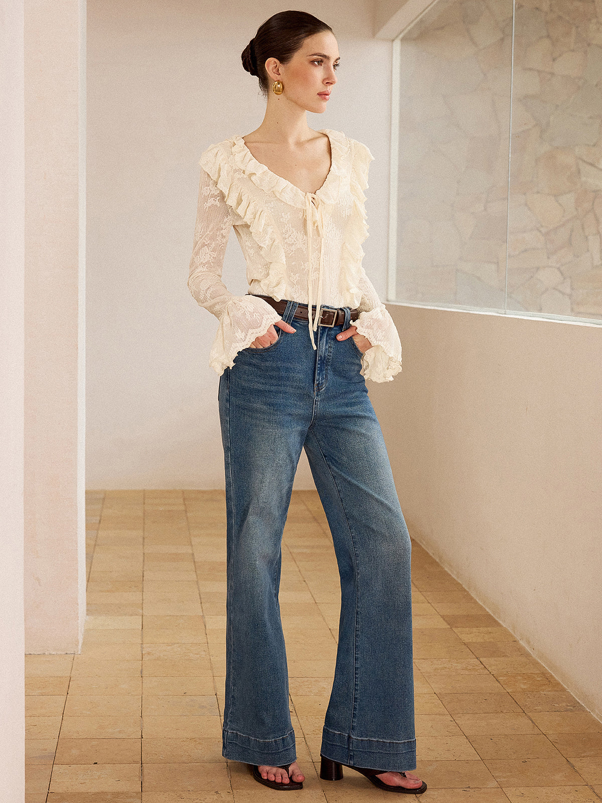 Lace Ruffle Trim V-Neck Blouse