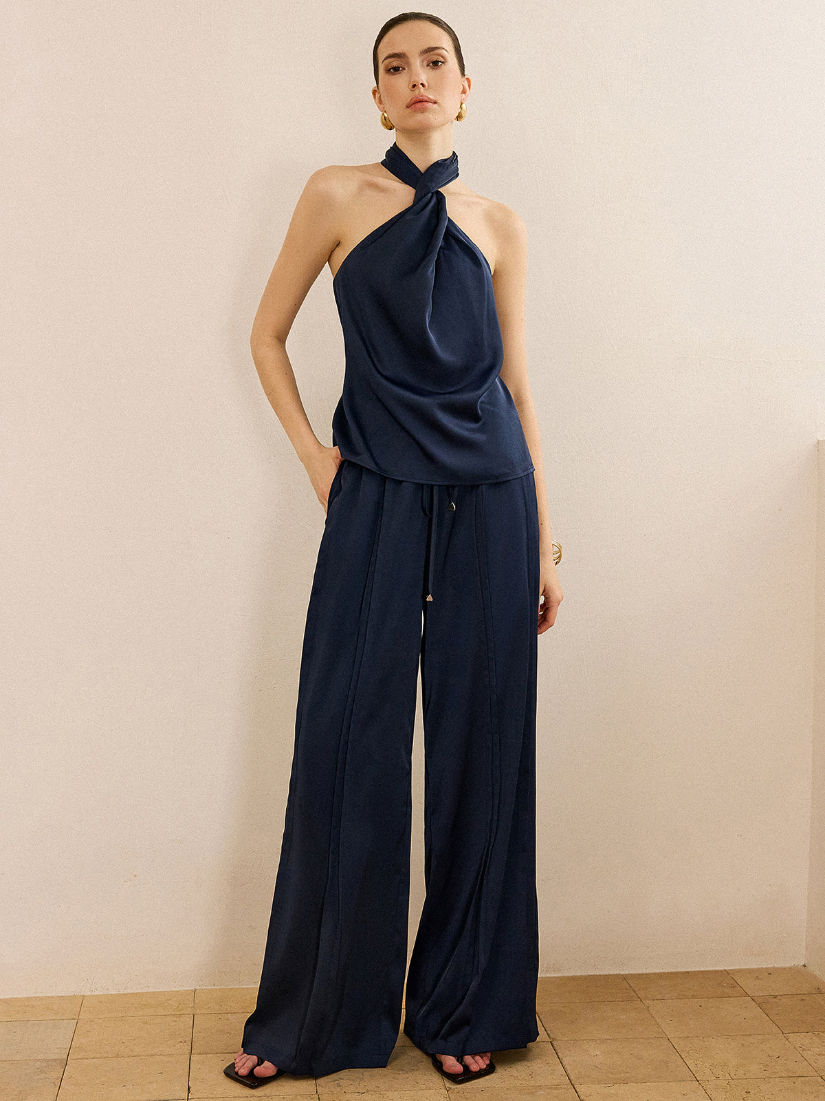 Satin Halter Neck Top and Wide-Leg Pants Set