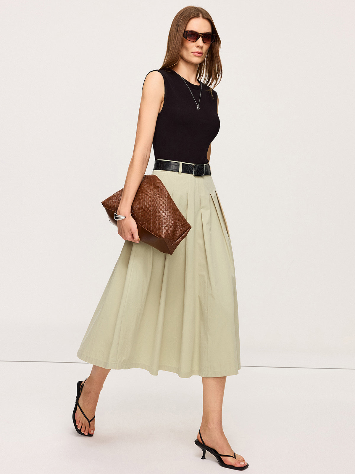Belted Pleated Two-Tone Midi Dresses