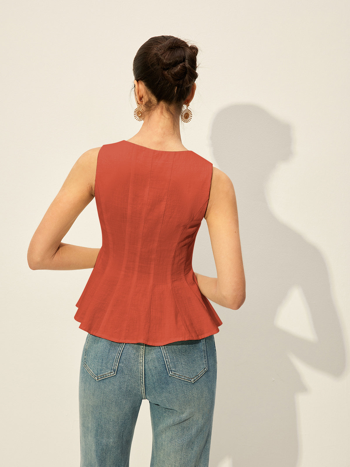 Square Neck Button-Front Peplum Top