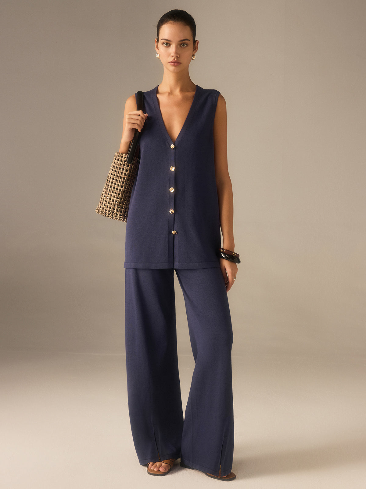 Golden Button Knit Vest Pants Set