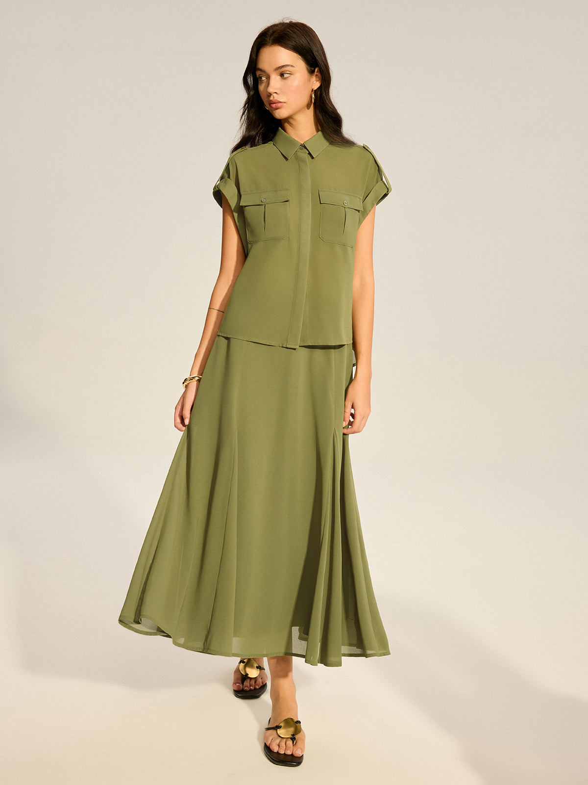 Rolled-Sleeve Pocketed Chiffon Shirt and Midi Skirt Set