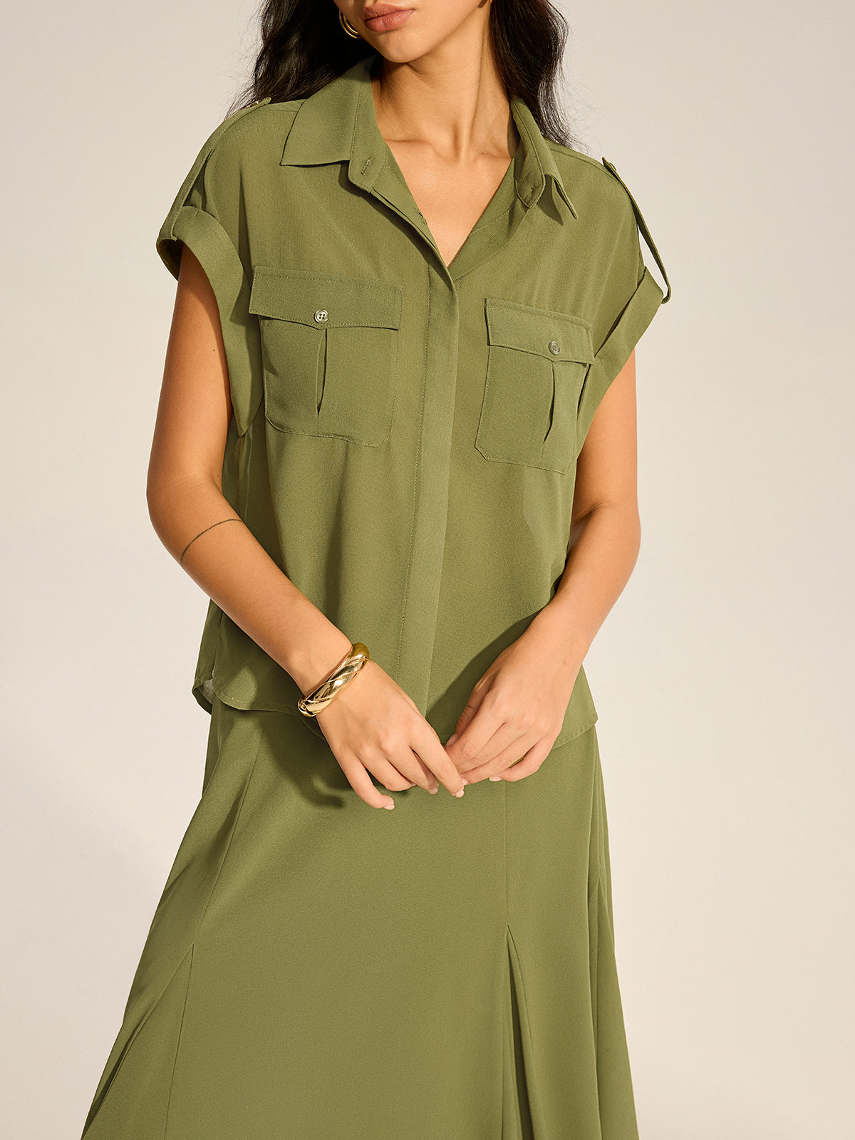 Rolled-Sleeve Pocketed Chiffon Shirt and Midi Skirt Set