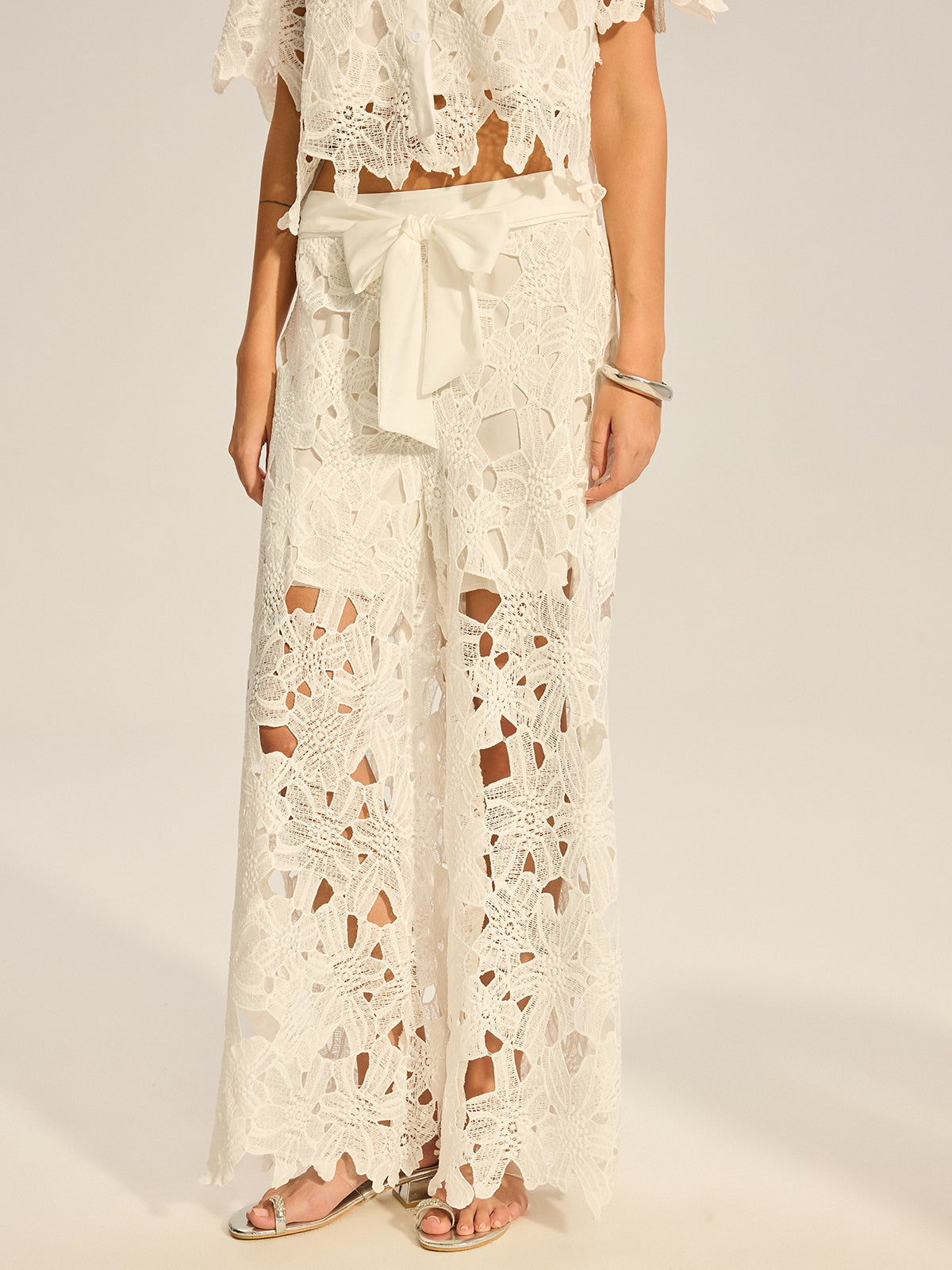 Lace Crochet Cut-Out Top and Wide-Leg Pants Set