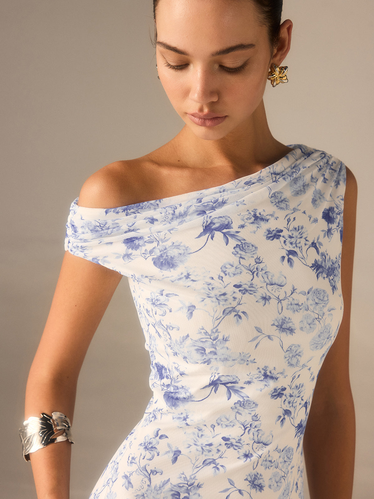 Floral Asymmetrical Drop Shoulder Maxi Dress