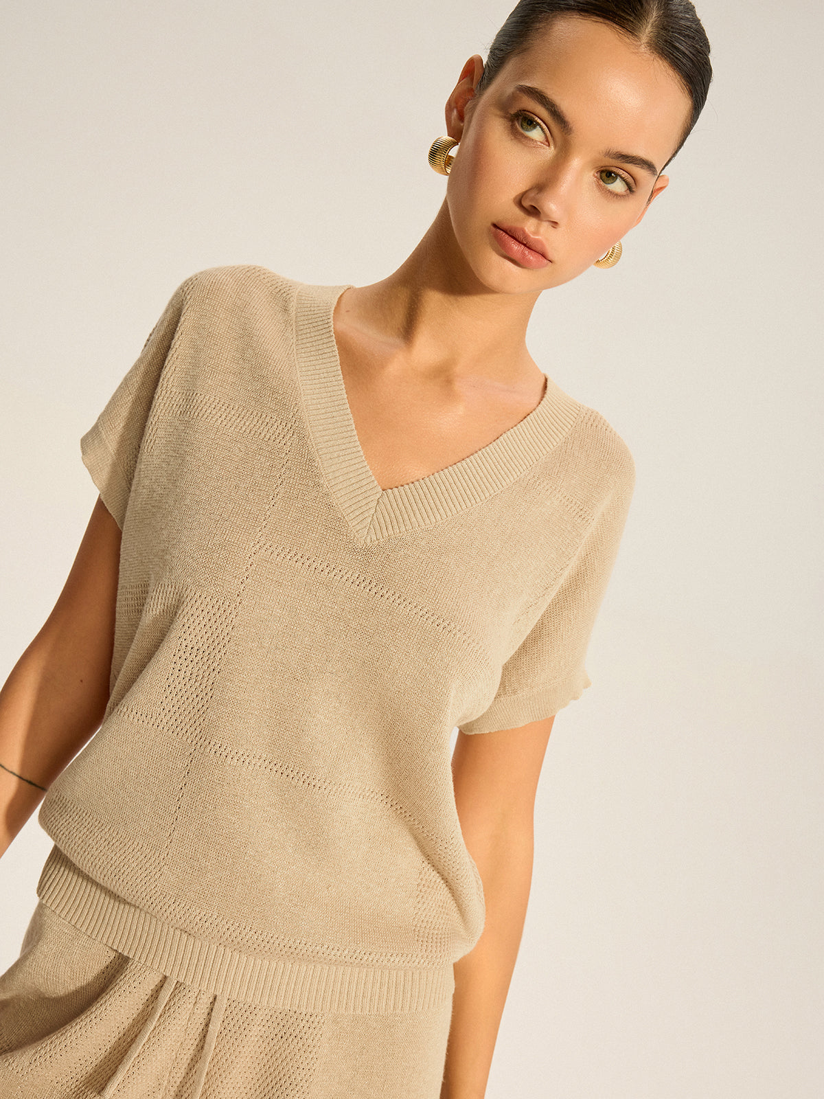 V-Neck Top and Drawstring Shorts Set with Square Cut-Out Details