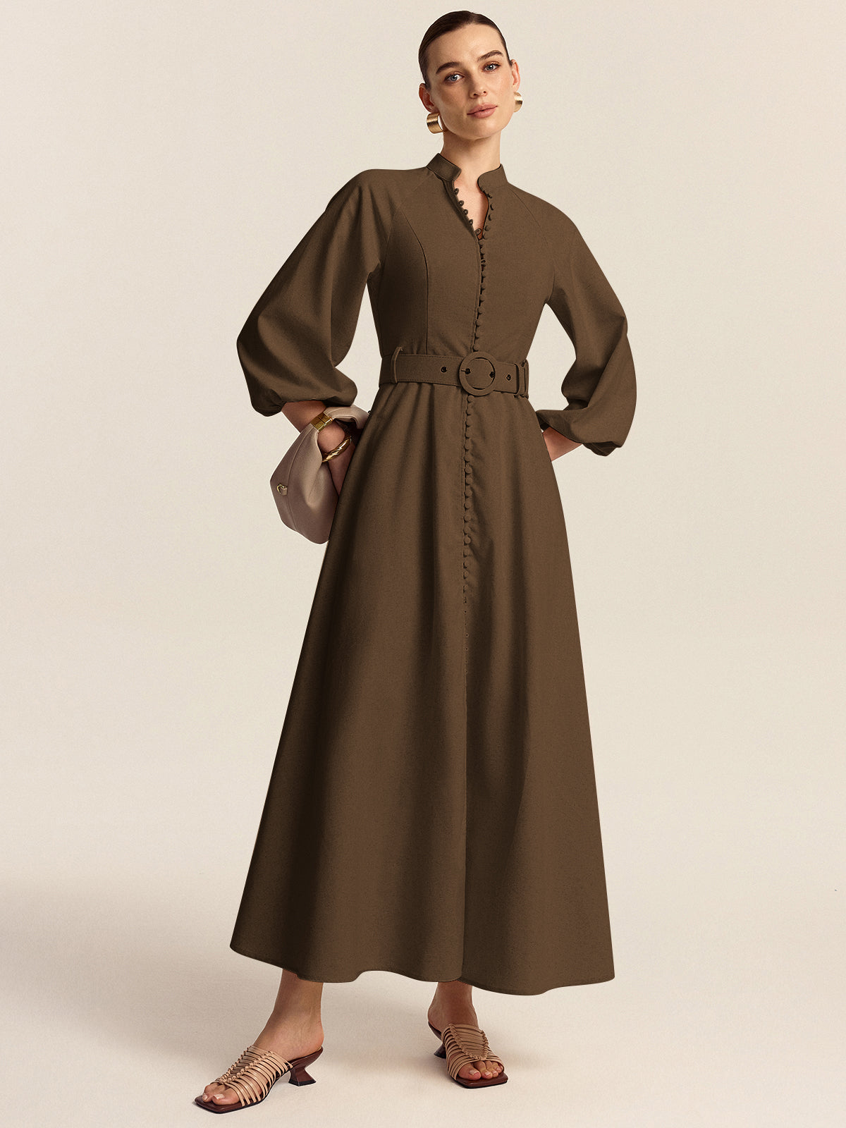 Belted Button Front Maxi Dress