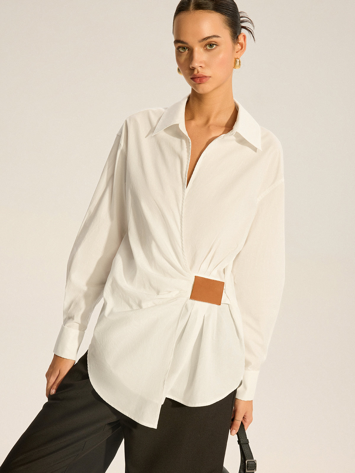 Cotton Ruched Shirt with Faux Leather Detail