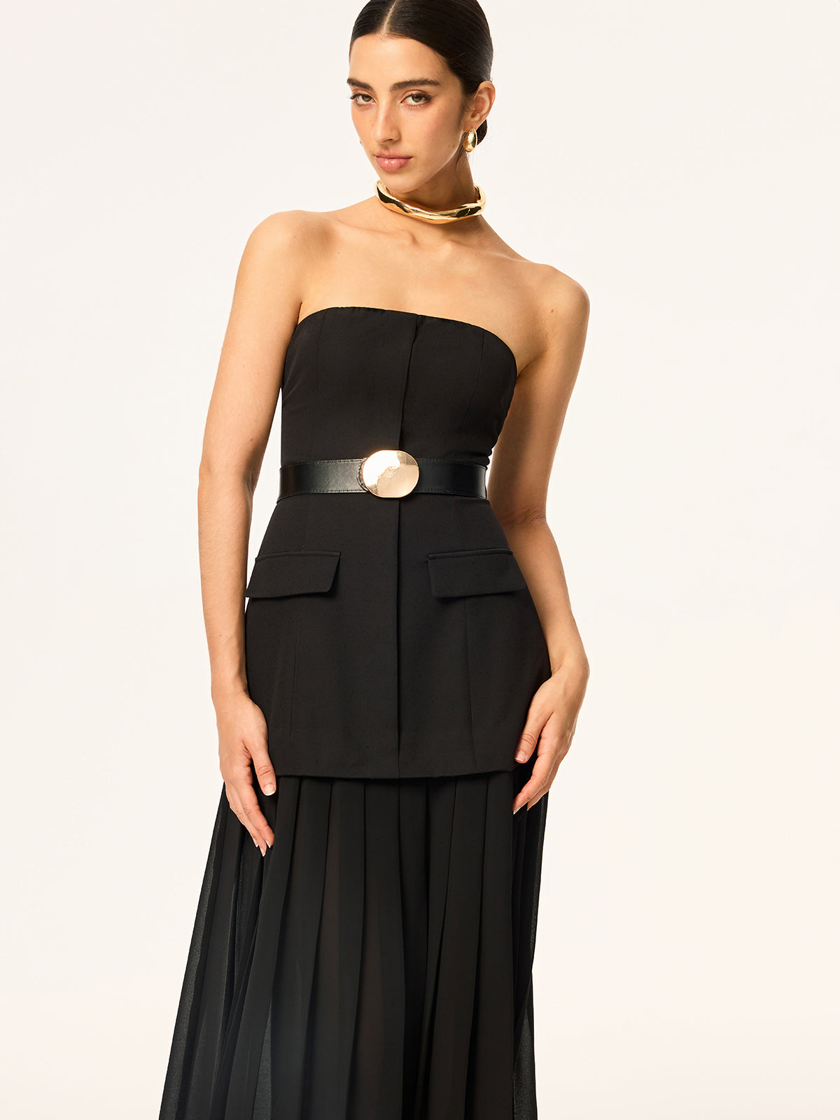 Strapless Belted Midi Dress with Pleated Chiffon Hem