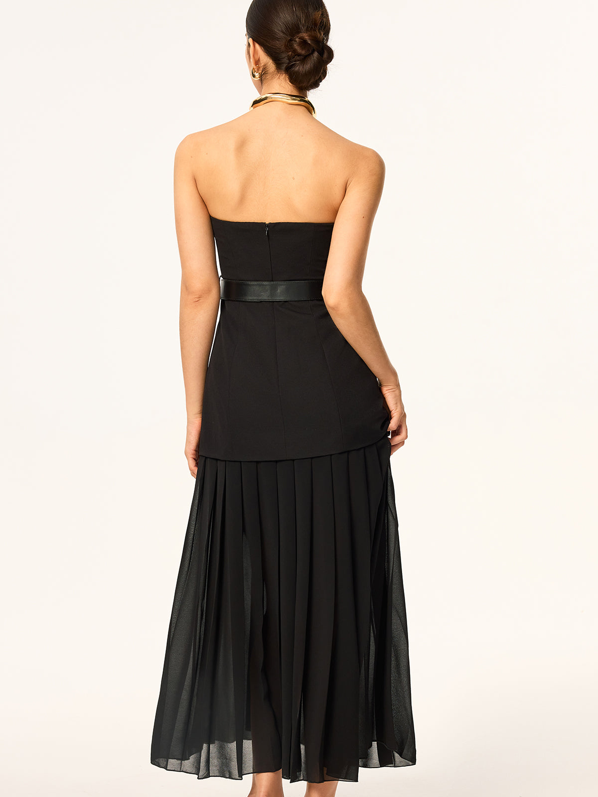 Strapless Belted Midi Dress with Pleated Chiffon Hem