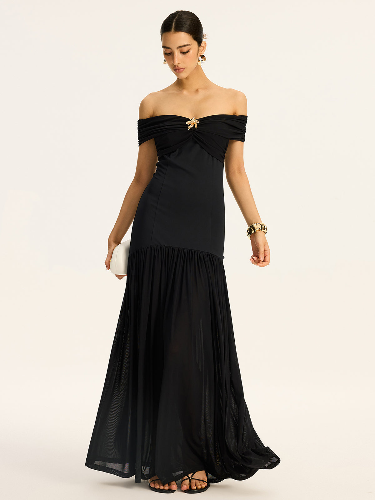 Off-Shoulder Ruched Mesh-Paneled Maxi Dress