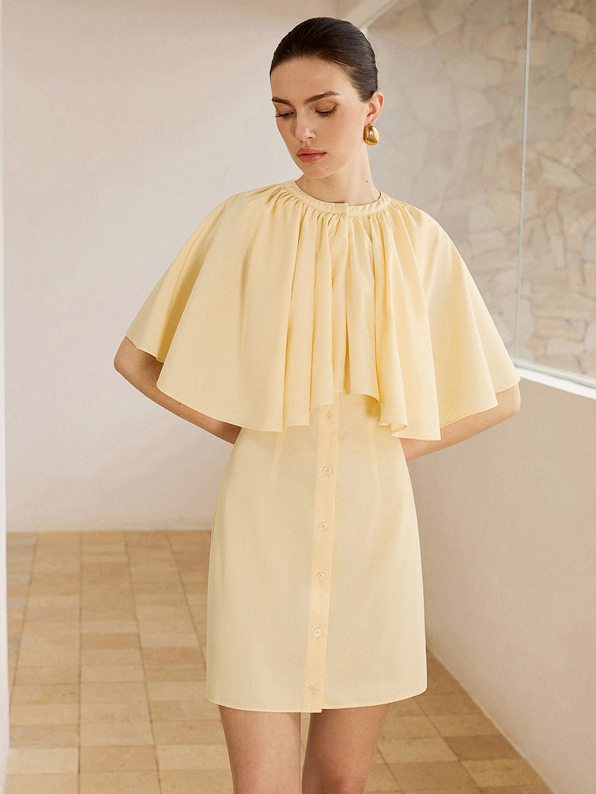 Cape-Sleeve Button-Front Mini Dress