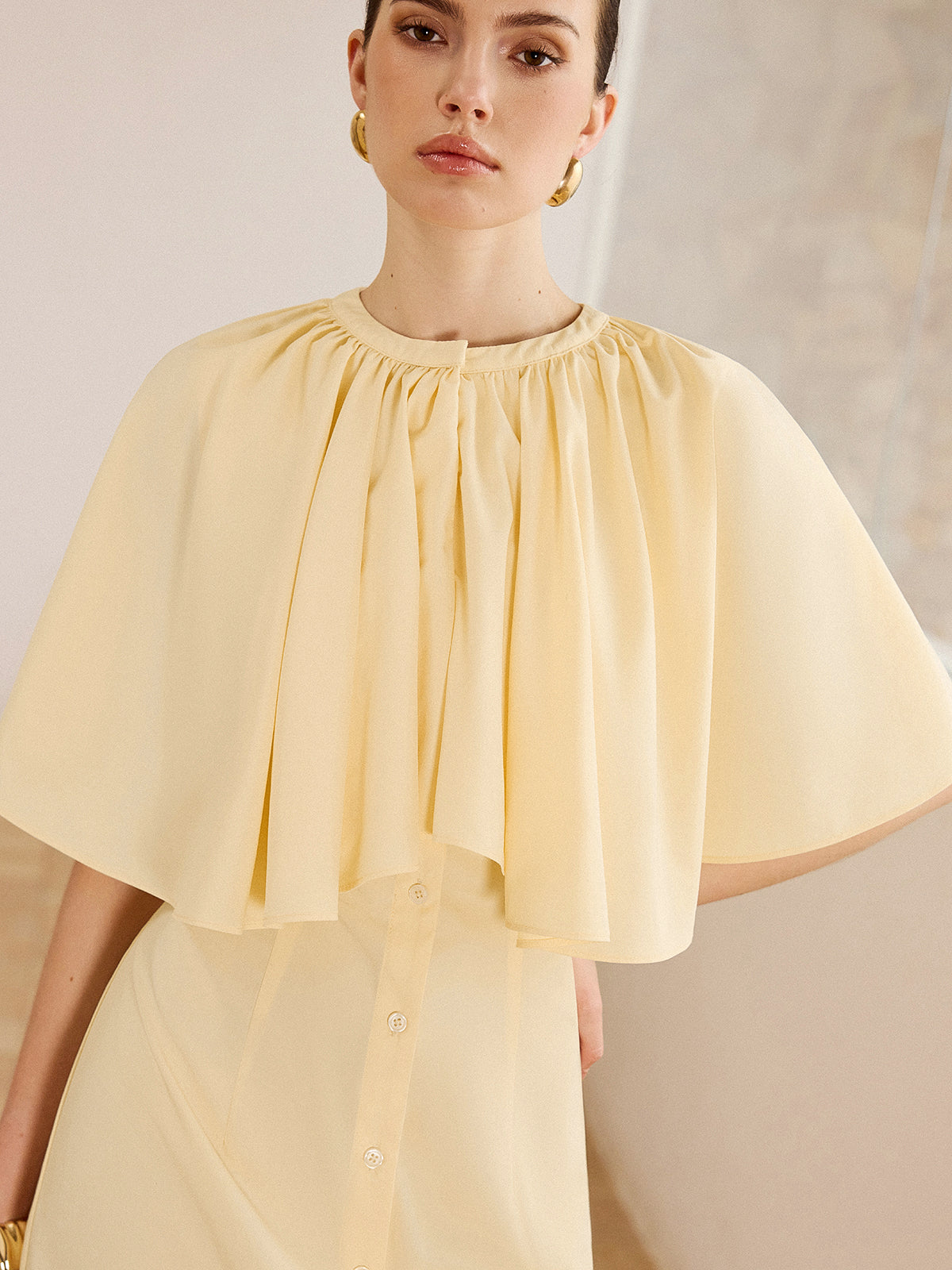 Cape-Sleeve Button-Front Mini Dress