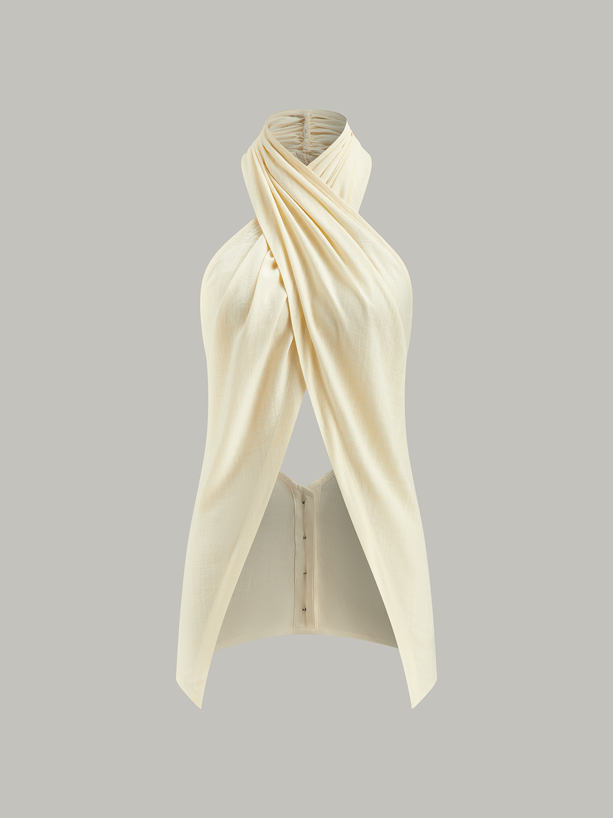 Cross-Halter Neck Wrap Top with Button Detail