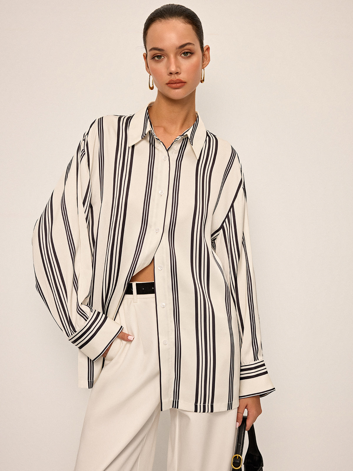 Oversized Satin Striped Shirt with Cut-Out Back Detail