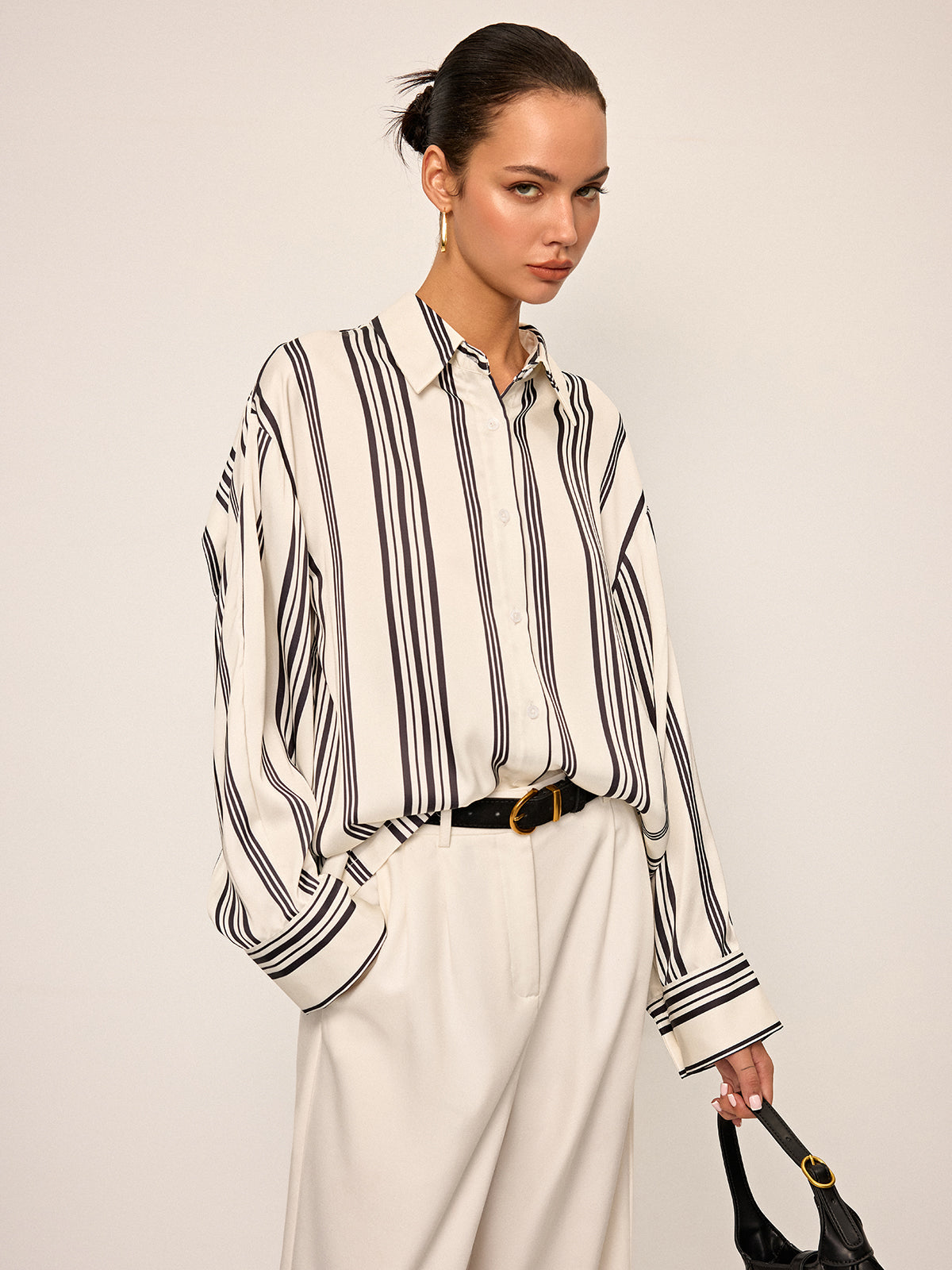 Oversized Satin Striped Shirt with Cut-Out Back Detail