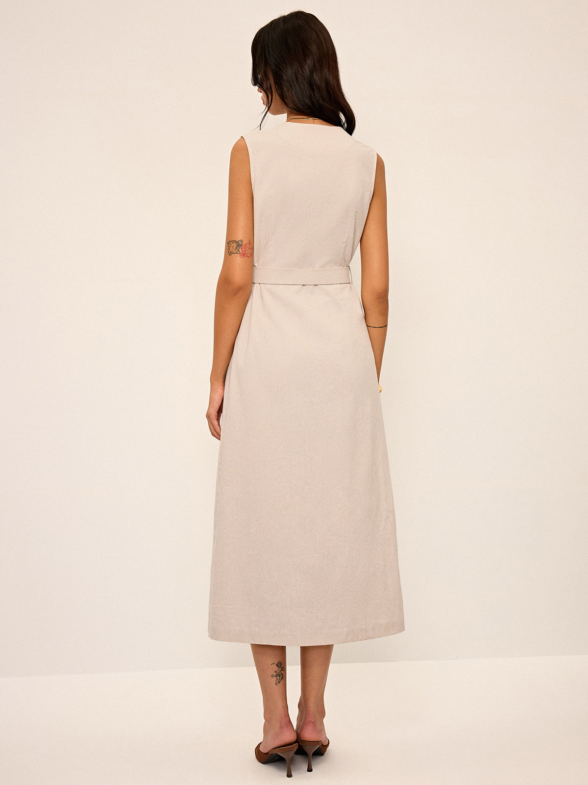 Cotton & Linen Blend V-Neck Belted Midi Dress