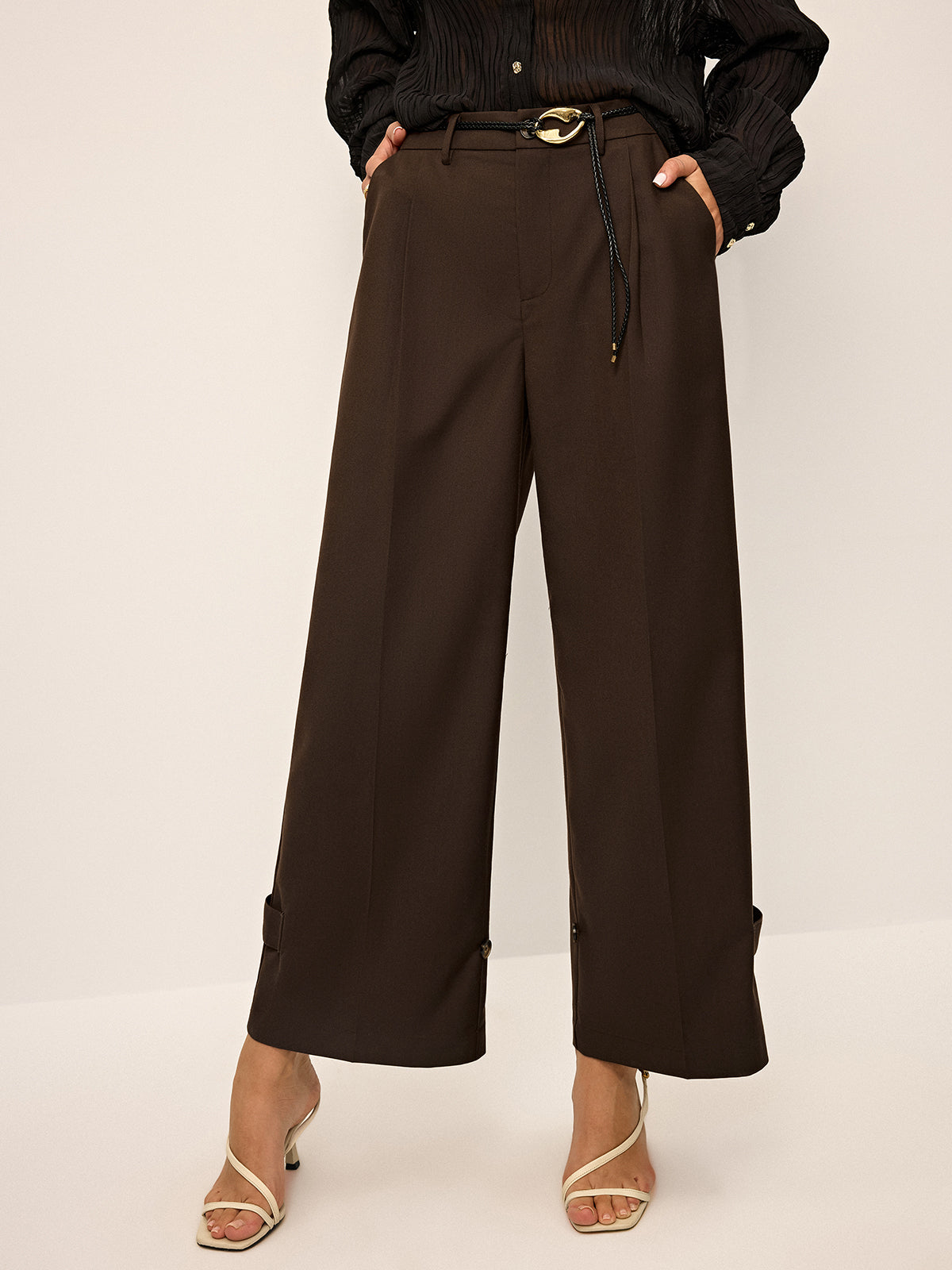 Pleated Wide-Leg Pants with Ankle Button Detail