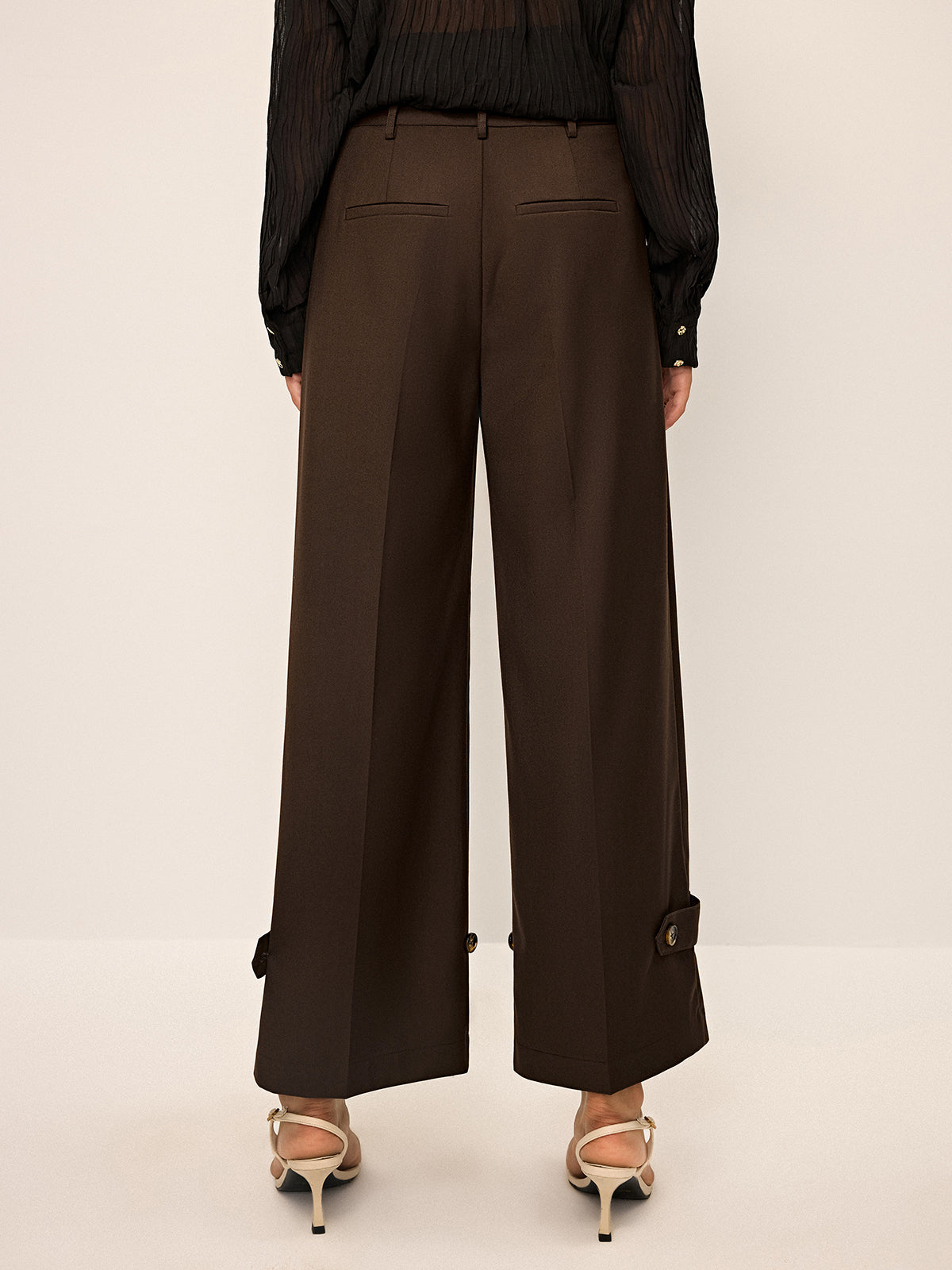 Pleated Wide-Leg Pants with Ankle Button Detail