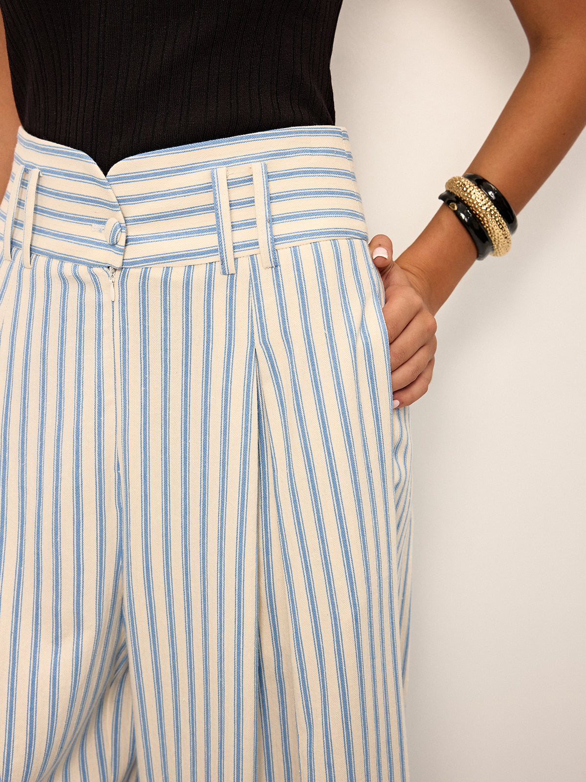 Cotton Striped Pleated Wide-Leg Pants