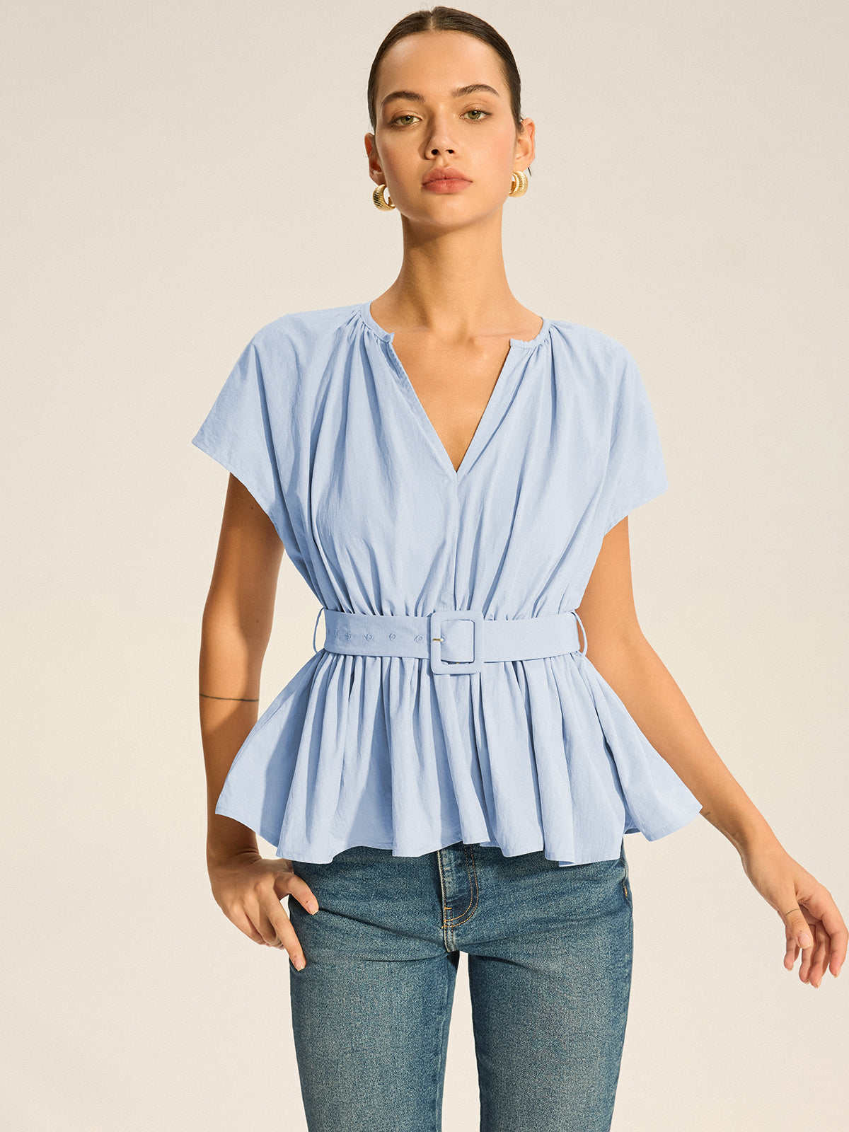 Belted V-Neck Pleated Peplum Top