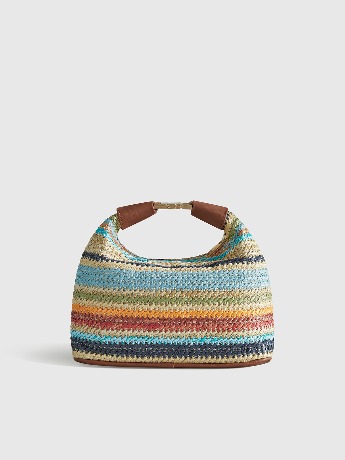 Color-Block Striped Straw Handbag with Leather Strap