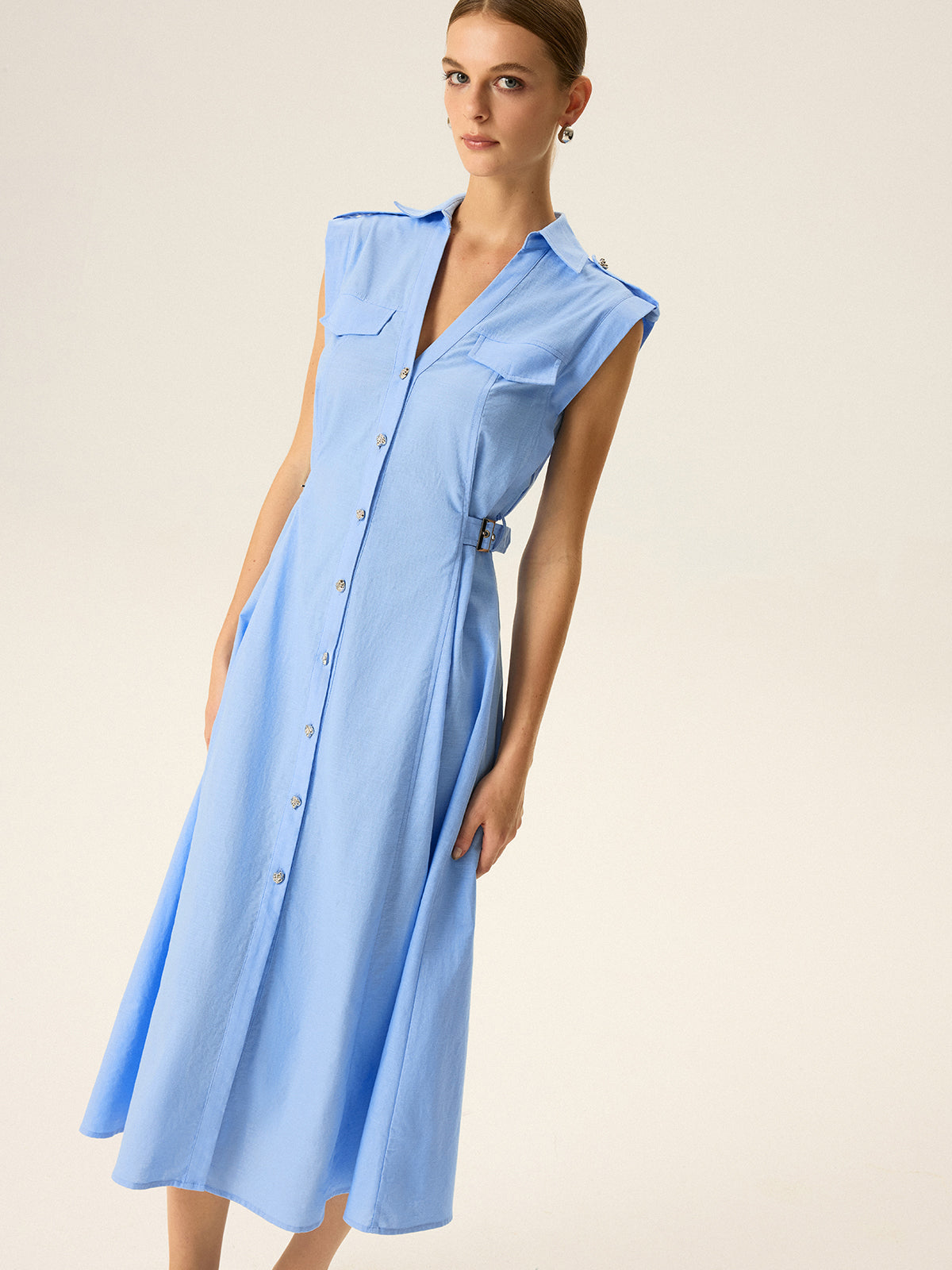 Linen & Cotton V-Neck Midi Dress with Metal Button