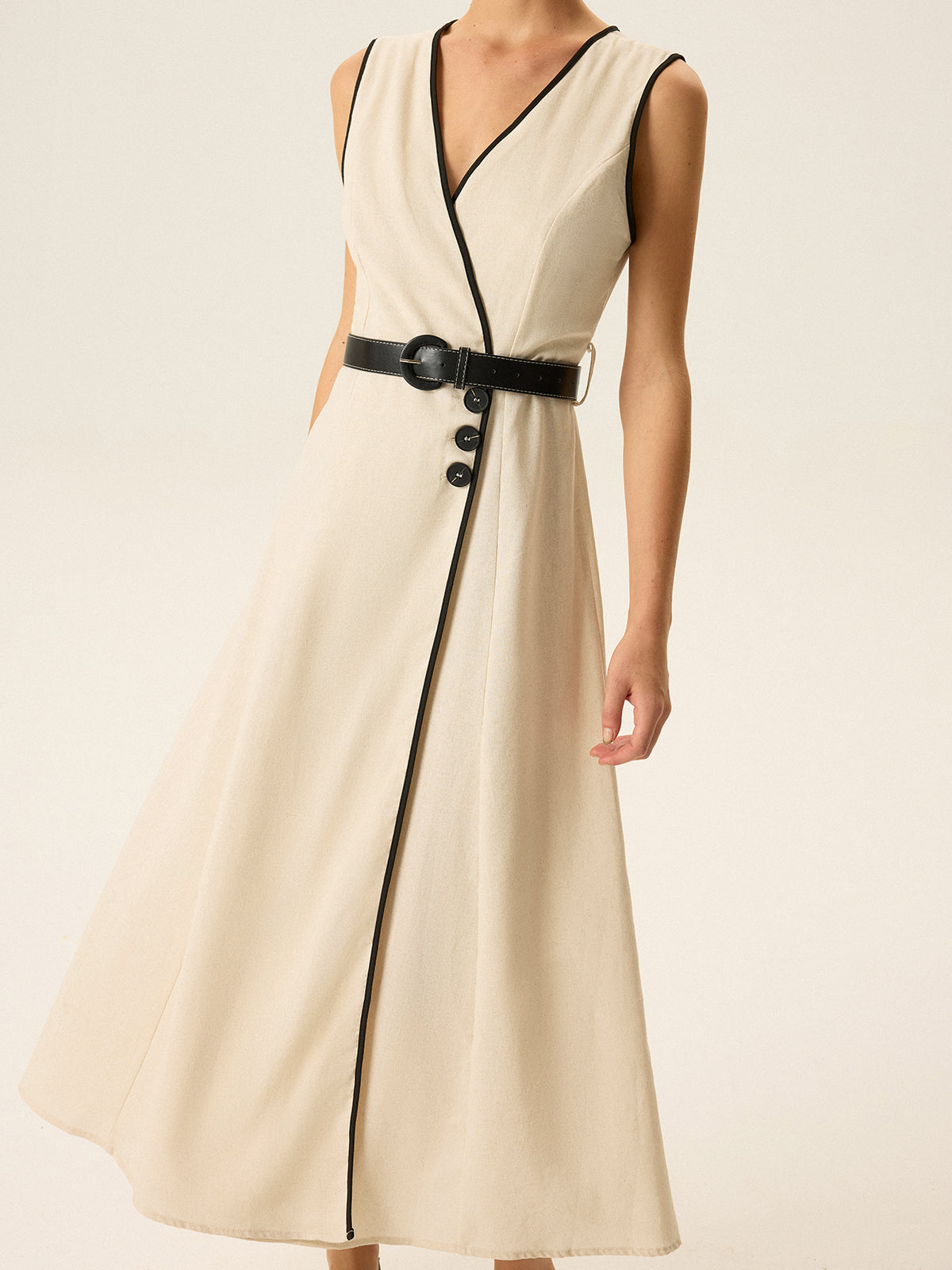 Contrast Trim Belted Midi Dress