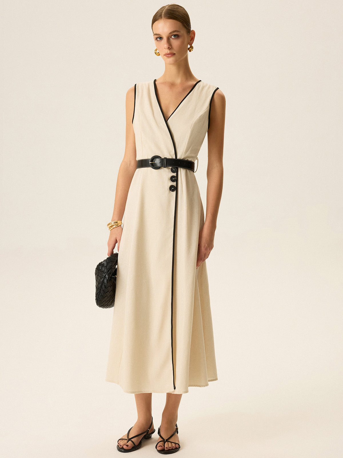Contrast Trim Belted Midi Dress