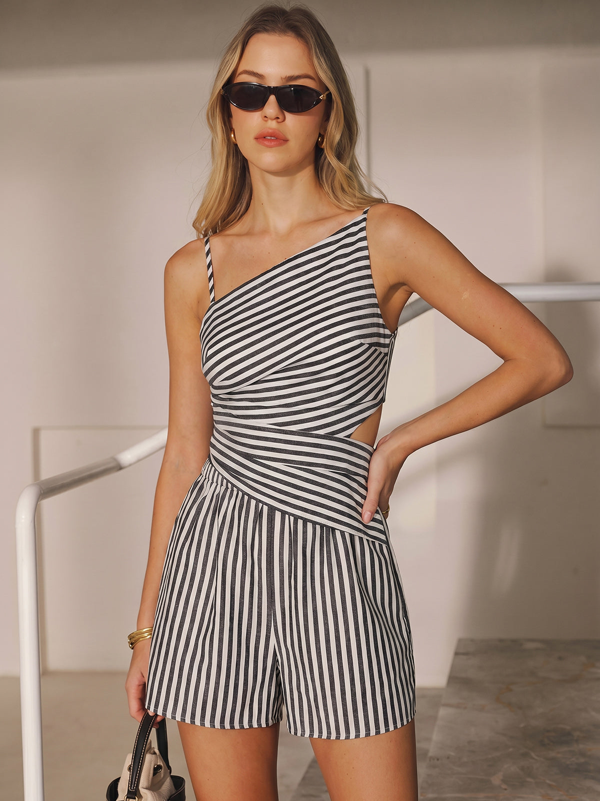 Striped Cotton Blend Cutout Top & Shorts Set