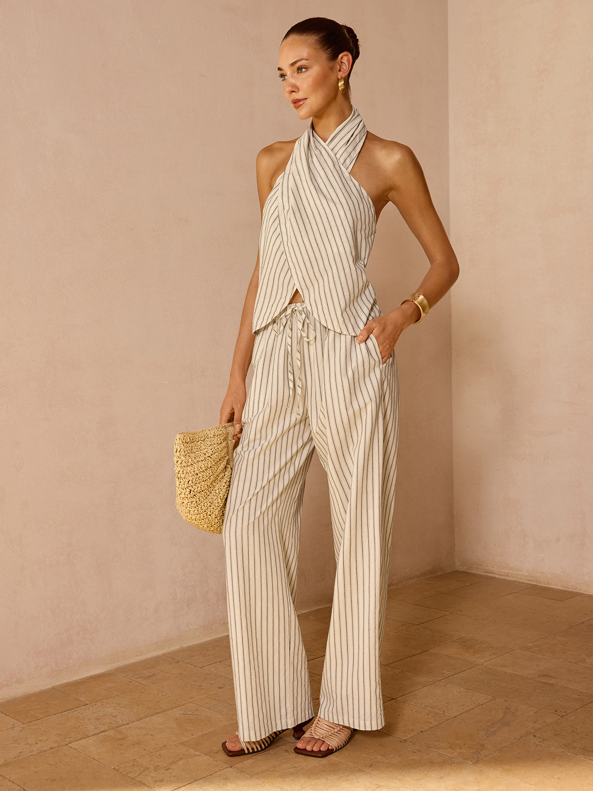 Striped Cotton Linen Halter Top & Pant Set