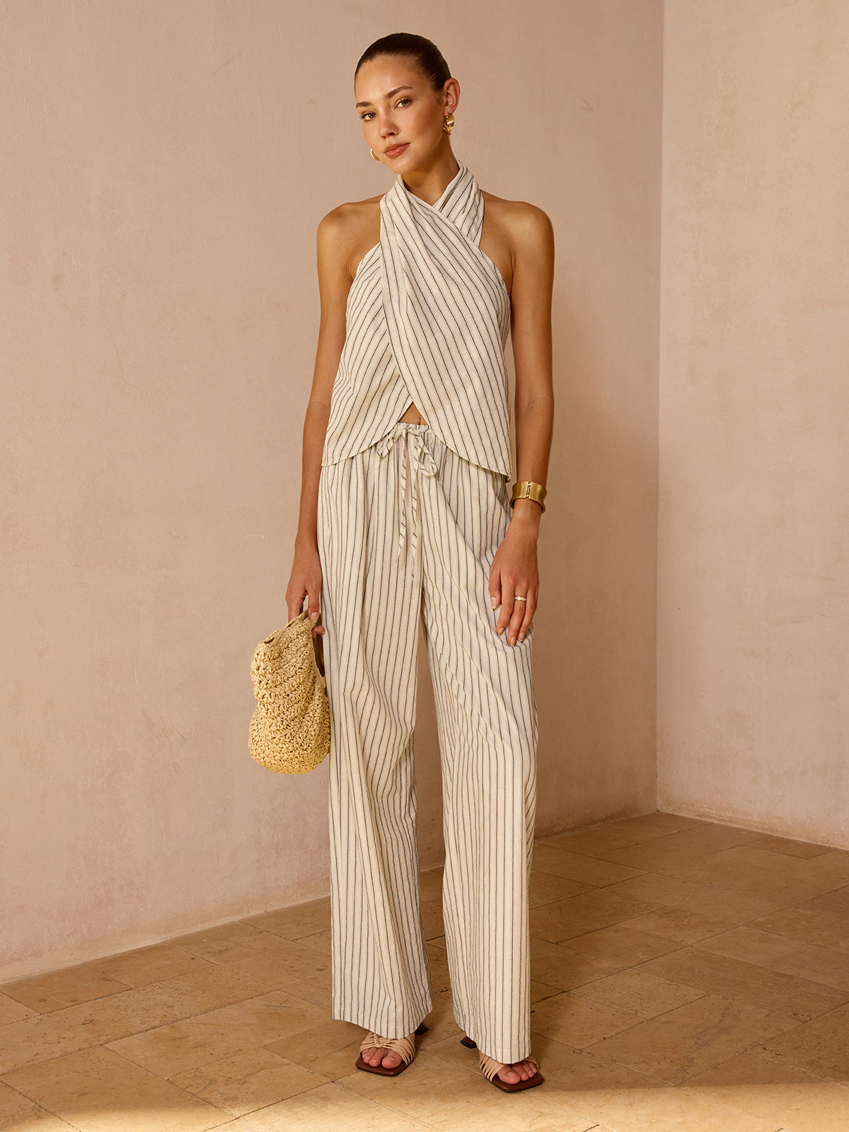 Striped Cotton Linen Halter Top & Pant Set
