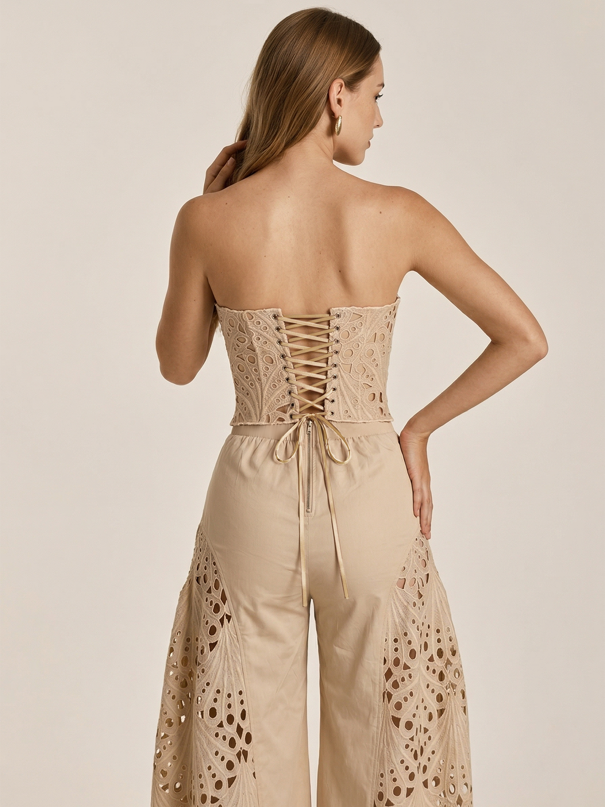 Strapless Eyelet Top & Wide Leg Pants Set