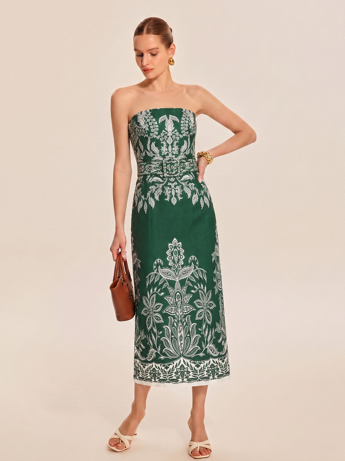 Strapless Belted Floral Print Maxi Dress