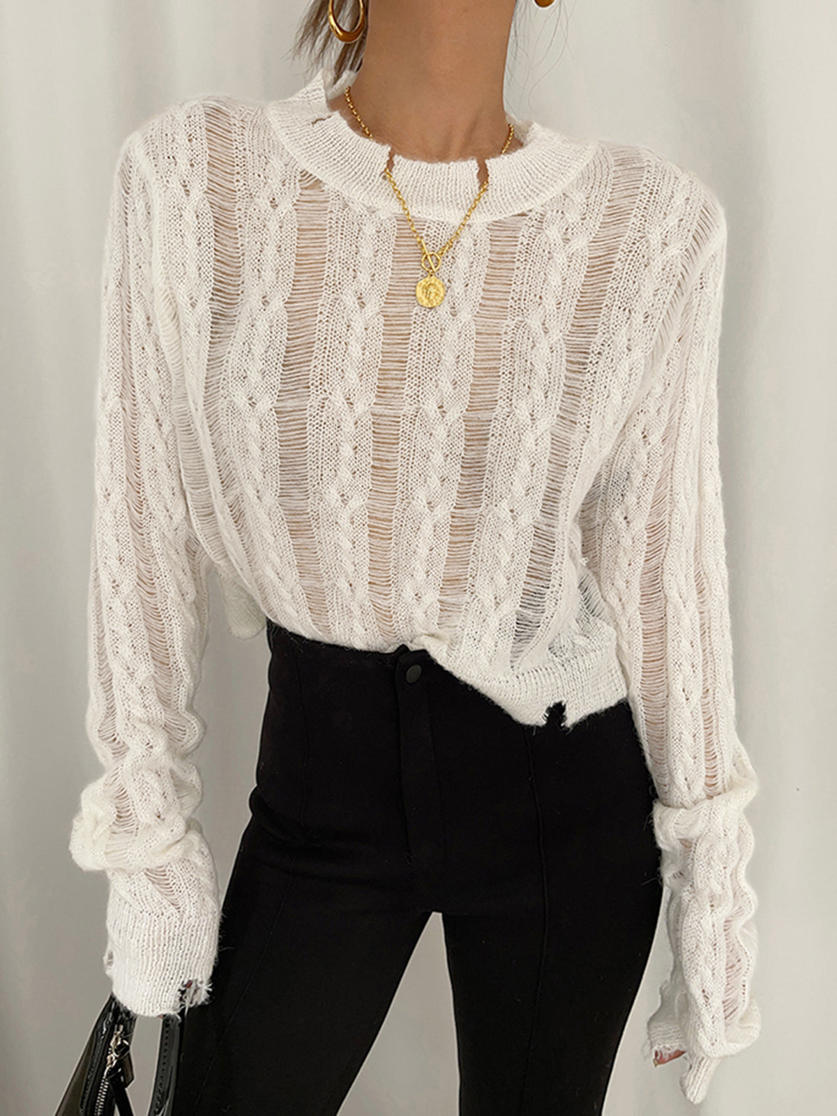 Semi-Sheer Snowflake Crochet Knit Shirt