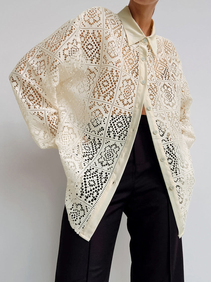 Oversized Semi-Sheer Eyelet Button Down Shirt