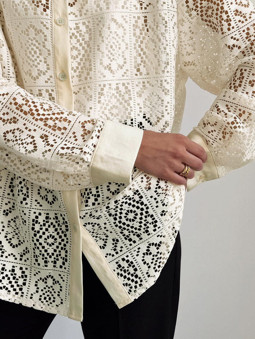 Oversized Semi-Sheer Eyelet Button Down Shirt