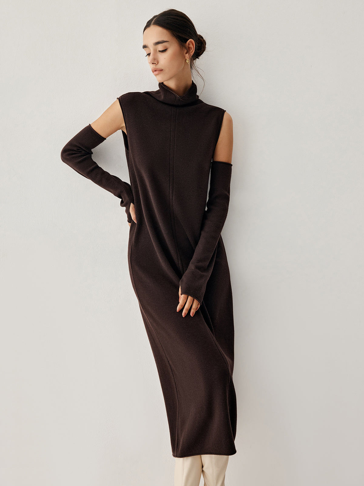 Mock Neck Long Sweater Dress With Gloves