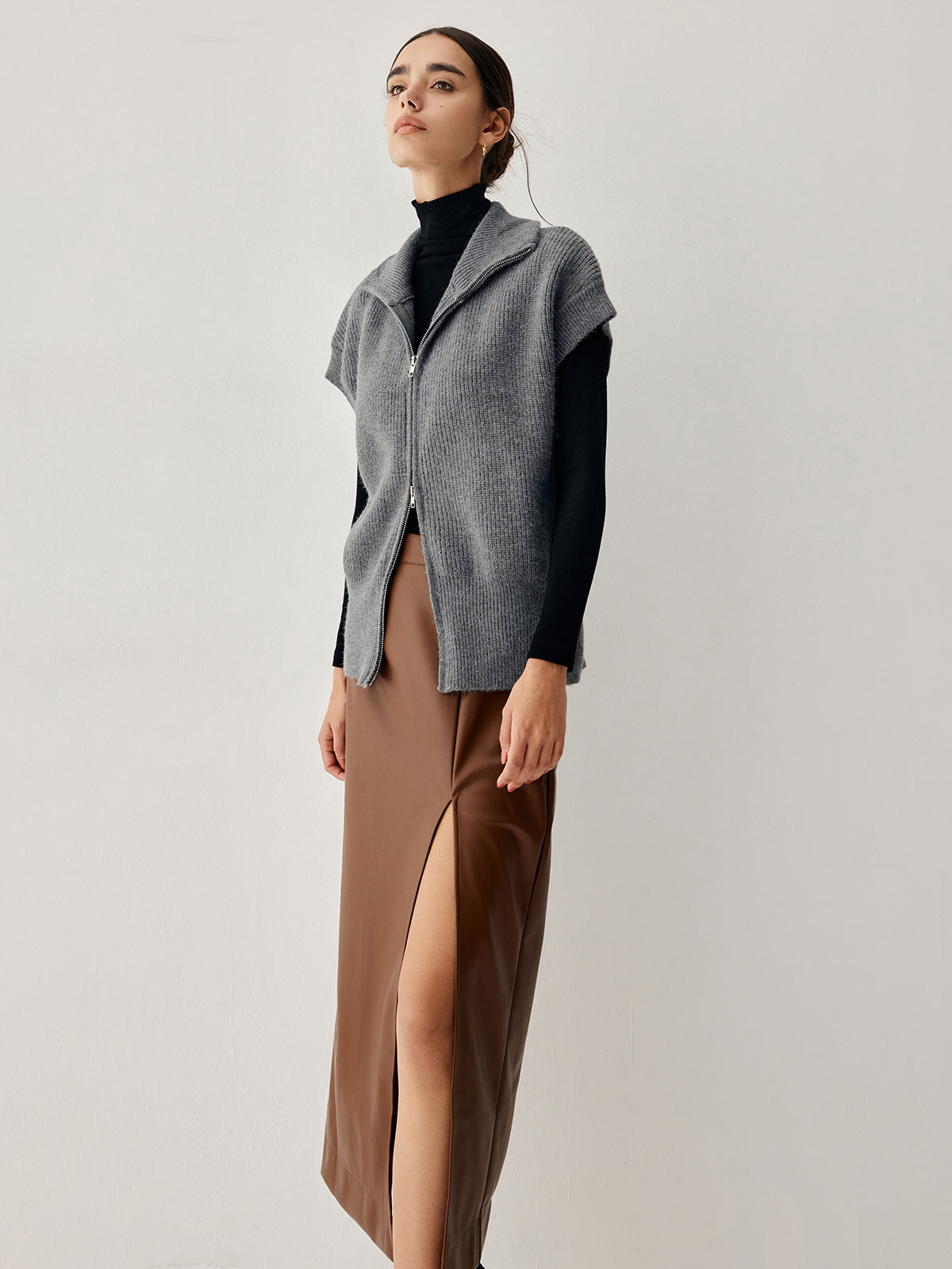 Open Collar Double Zip Curved Cardigan