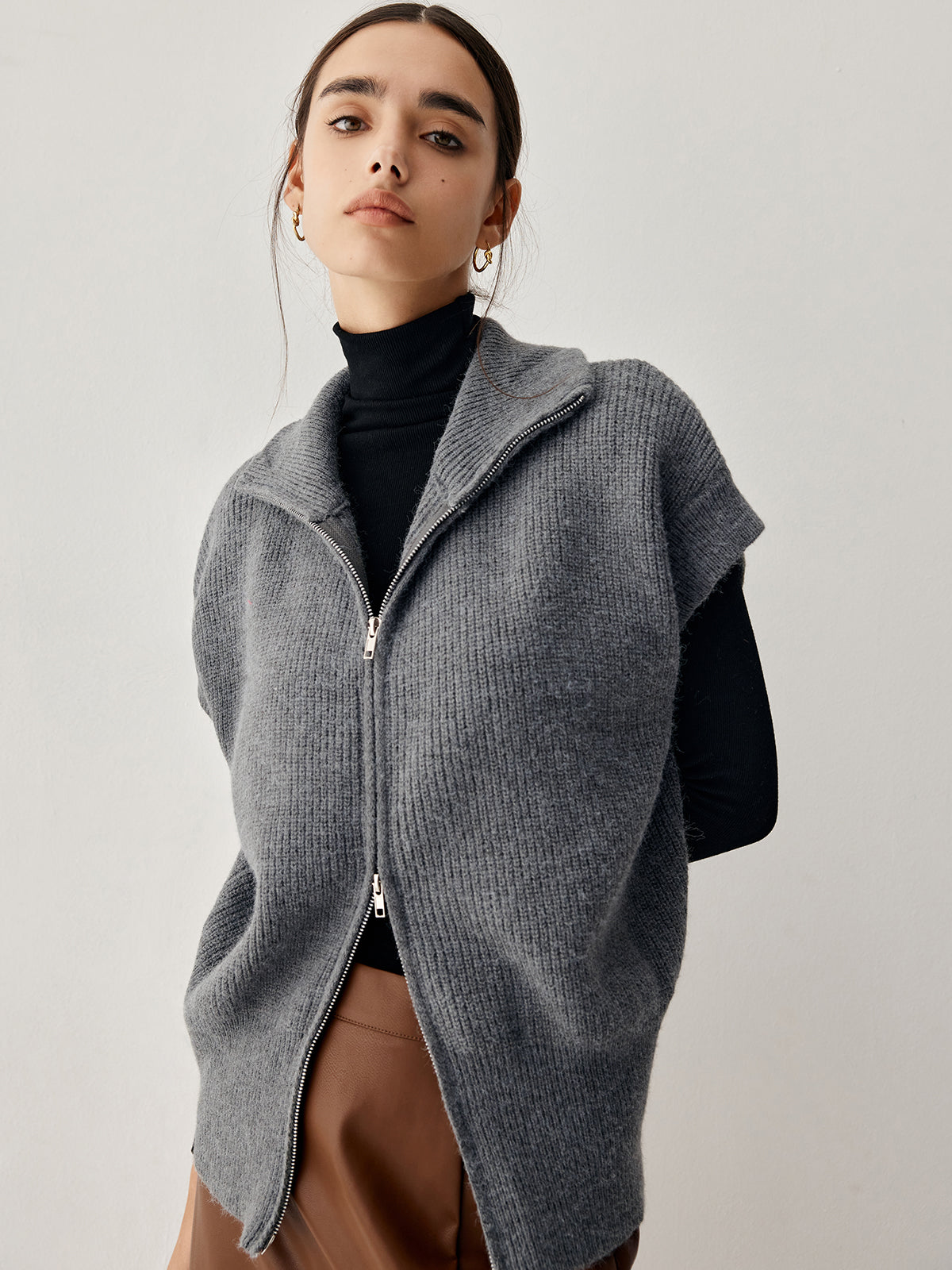 Open Collar Double Zip Curved Cardigan