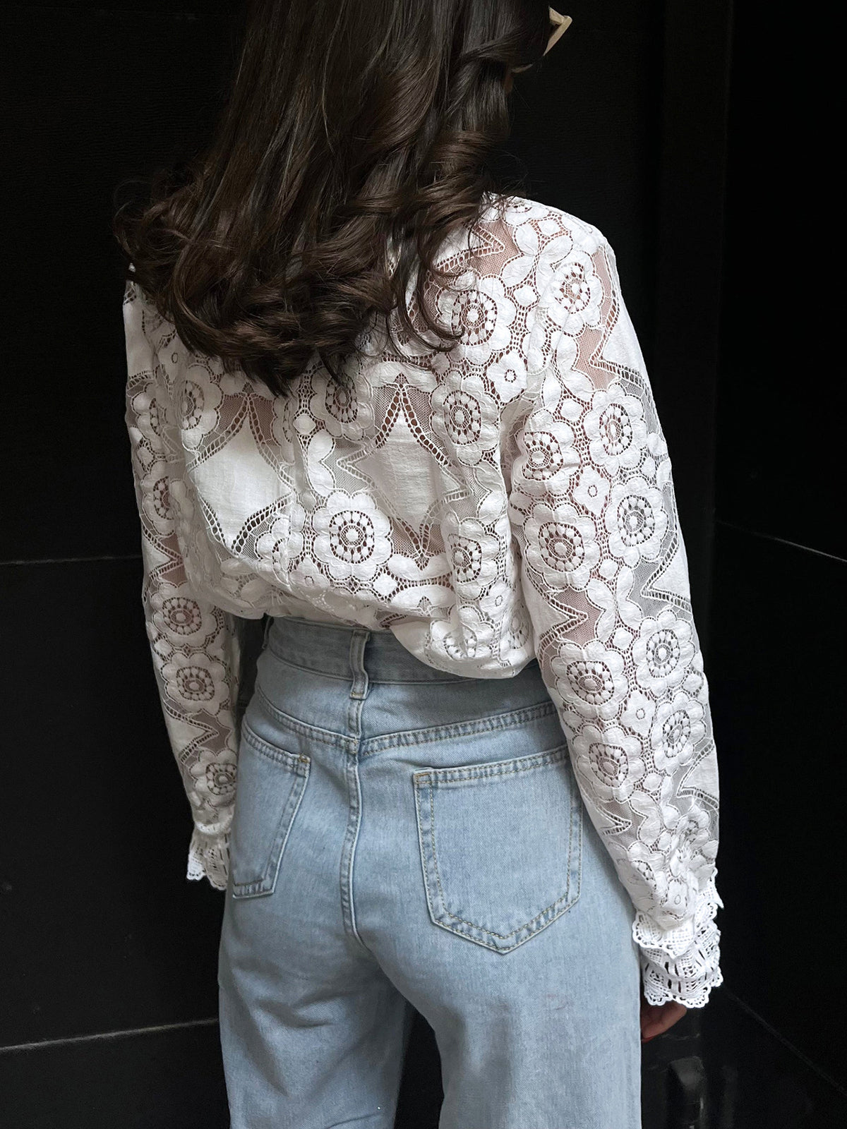 Semi-Sheer Lace Embroidery Floral Mock Neck T-Shirt