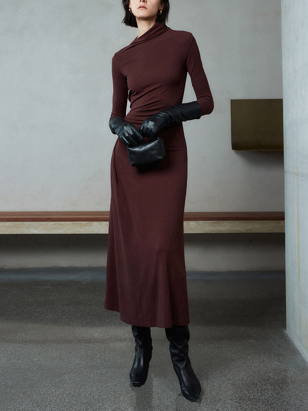 Bodycon Asymmetrical Neck Long Sleeve Ruched Maxi Dress